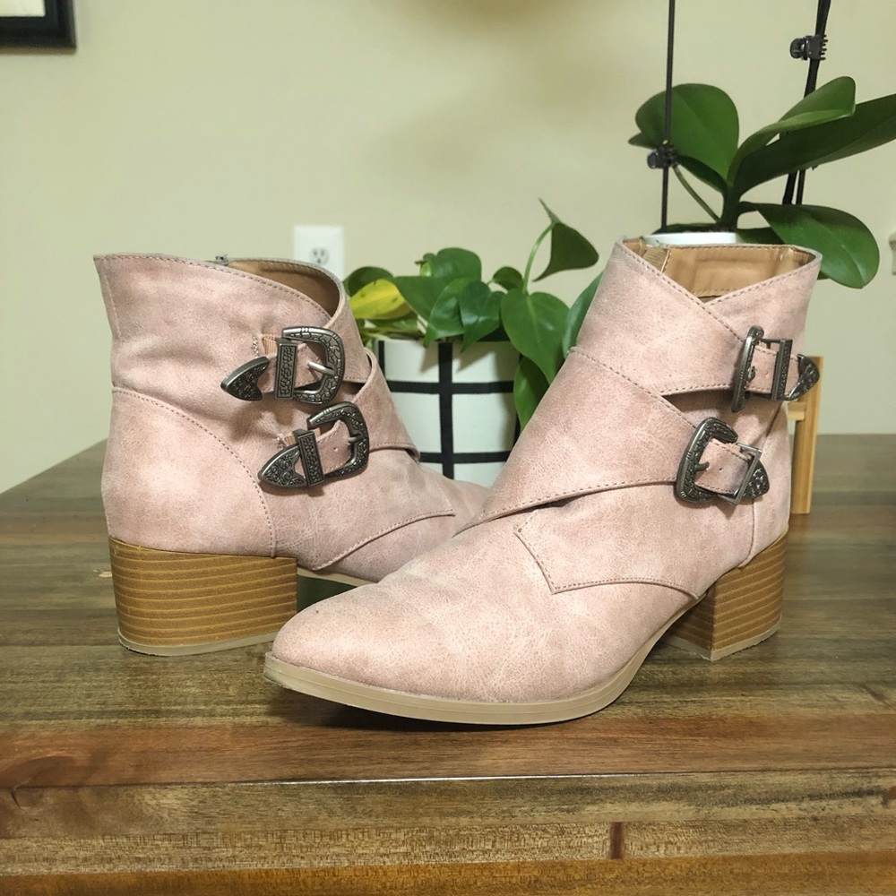 Light pink ankle buckle booties